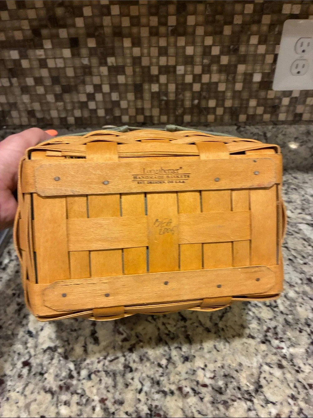 Longaberger Natural Wood Basket with Sage Green Liner and Handle